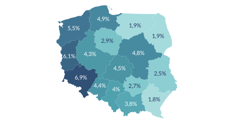 Uczniowie-cudzoziemcy według województw - odsetek wszystkich uczniów - 04.2025