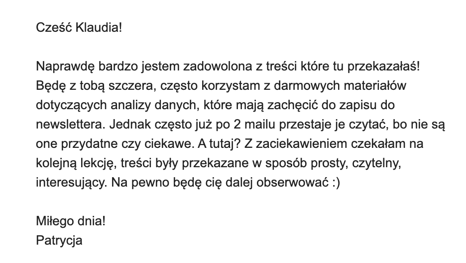 Opinia Patrycji o kursie mailowym „Jak nie robić wykresów?"